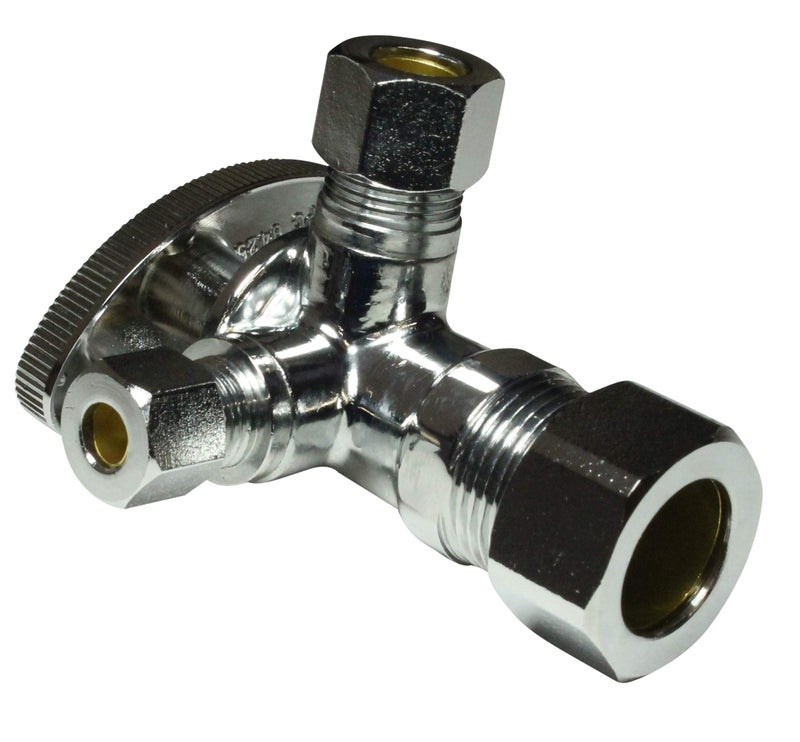 Miiflex Dual Compression Outlet Angle Stop Valve, Plumbing Fitting, Quarter Turn, Single Handle Multi-Select Positions, Water Valve Shut Off 1/2 inch x (3/8 inch x 1/4 inch) - Image 1